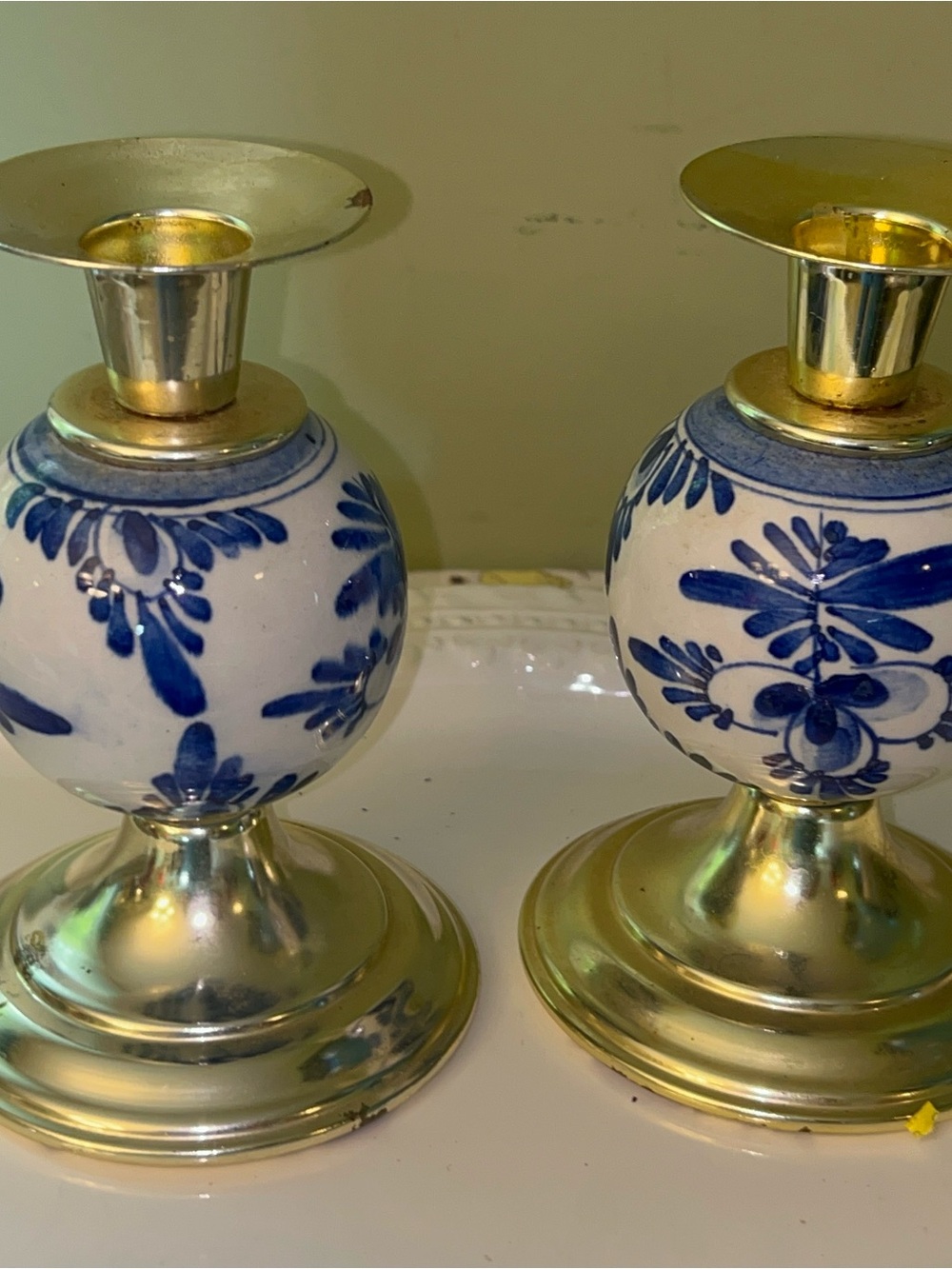 Brass and Blue Floral Globe Candle Holders - Set of 2 - Picture 6 of 11